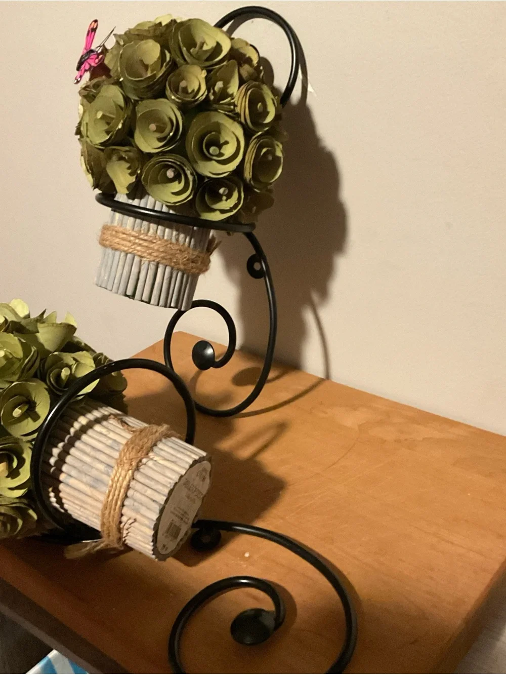 Olive Green Rose Wall Sconce Pair with Twine and Black Scroll Hangers
